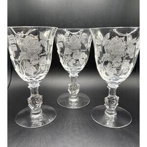 Heisey Waverly Rose Fine crystal Water/Wine Goblets Set of Three Vintage 40s/50s